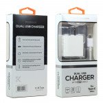 Wholesale USB-C Type C Phone, Tablet 2.4A Dual 2 Port House Wall Charger 2in1 with 3FT USB Cable (Wall - White)